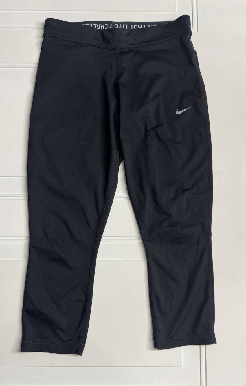 Nike Dri Fit Womens Sz M Capri Cropped Leggings Black Run Fast Live Fearless